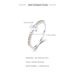 Macro view of 925 sterling silver ring showing dimensions and zircon cross detail