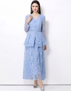 Elegant Women Floral Lace Embroidery V Neck Peplum Top And Long Maxi Skirt Outfit For Party Commute Light Blue