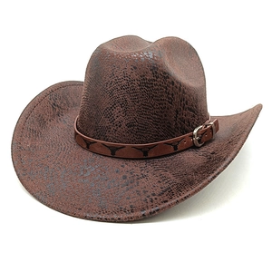 Macro detail of brown faux snake skin texture and bull head buckle on cowboy hat