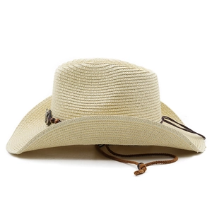 Detail of straw cowboy hat featuring brown braided band with wooden beads and metal buckle