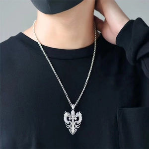 Gothic double dragon pendant necklace with sword on O-chain for men on model