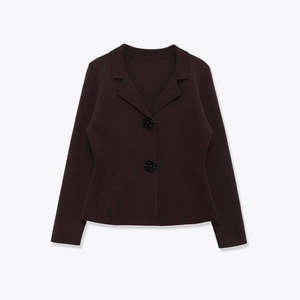 Blazer En Tricot Cardigan Manches Longues Col En V Couleur Unie Boutons Fleur Pull Élégant Femme Haut