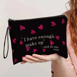 Cosmetic Bag Fine Linen Zippered Pouch Heart Pattern With Hand Strap Travel Toiletry Organizer Funny Quote Print
