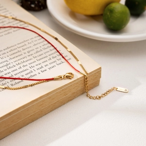 Détail du collier double couche en acier inoxydable et corde rouge sur un livre