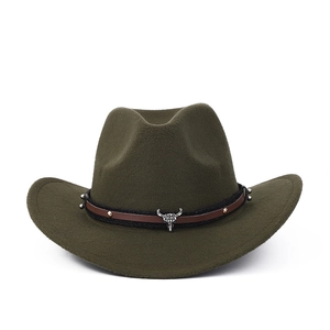 Dark green western cowboy felt hat featuring a silver bull head metal accessory