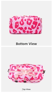 Detailed top and bottom views of pink leopard print gym bag with wet dry separation