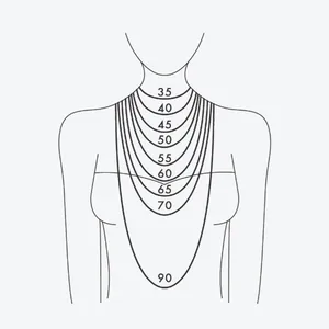 Necklace length guide showing various sizes from 35cm to 90cm on a female model