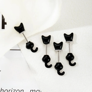 Minimalist black kitten ear studs with rhinestone collar on titanium steel posts