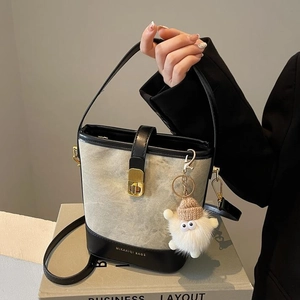 Retro Bucket Bag Women PU Leather Canvas Patchwork Shoulder Crossbody Handbag Gold Metal Lock Chic Elegant Versatile Accessory