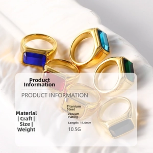 Macro view of 18k gold plated titanium rings with large rectangle cut colorful gemstones