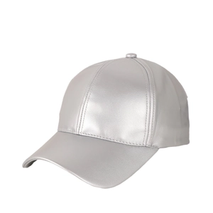 Metallic silver faux leather baseball cap with a classic six-panel structured design