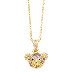 Minimalist gold necklace with a cute 3D bear pendant encrusted with purple zircons