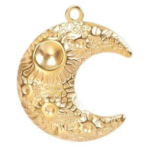 Golden crescent moon and sun relief pendant in stainless steel for jewelry making