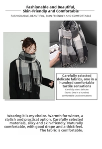 Close-up of thick brushed texture and tassel edge on classic plaid cashmere-like scarf