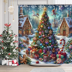 Christmas shower curtain set featuring a festive gingerbread house and unicorn theme decor
