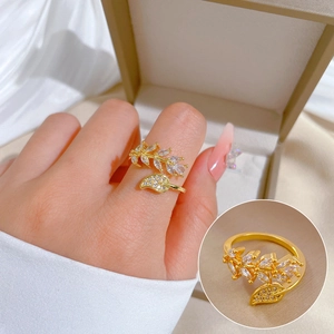 Leaf Adjustable Ring Real Gold Plated Copper Cubic Zirconia Elegant Micro Inlaid Jewelry For Women