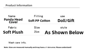 Detailed size specifications for a 25cm shark head panda plush toy with PP cotton