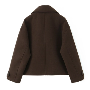 Back view of a cropped dark brown wool jacket with classic collar and cuff details