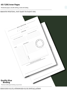 Macro view of minimalist daily planner pages showing scripture and wellness sections