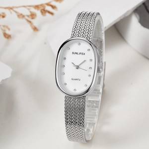 Elegant oval dial quartz watch with silver mesh band and diamond hour markers