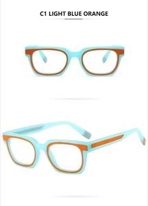 Detail view of two-tone light blue and orange glasses frames with side and front angles