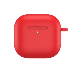 Close-up of red silicone protective case for AirPods 4 with side lanyard hole and LED indicator