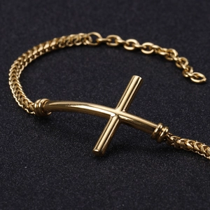 Minimalist gold stainless steel cross bracelet with stylish wheat and O-chain links