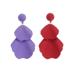 Double-layered petal shell earrings in purple and red resin with gold-tone metal studs