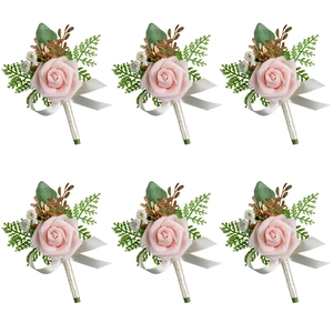 6-piece set of pink PE artificial rose boutonnieres with white ribbons for weddings