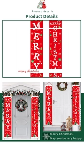 Detail of red Merry Christmas door banners featuring snowflakes and snowman holiday decor