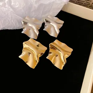 Irregular Crumpled Square Stud Earrings With Silver Earring Post Minimalist Liquid Metal Style Gold Silver Jewelry For Women