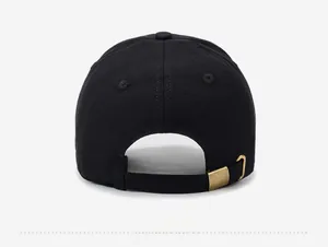 Back view of black cotton twill baseball cap with adjustable bronze metal buckle