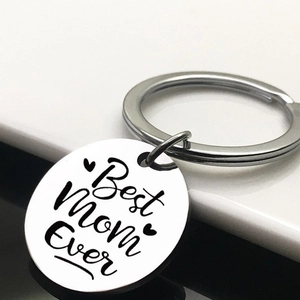 Polished silver stainless steel keychain featuring Best Mom Ever engraved round pendant