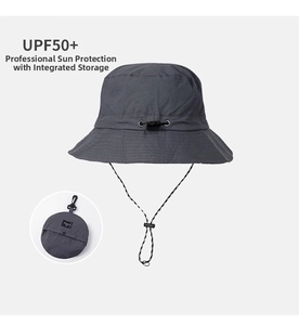 Detail showing waterproof sun hat with UPF50+ rating and foldable storage pouch design