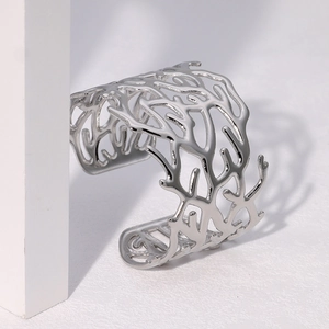 Vintage irregular hollow silver stainless steel cuff bracelet with branch texture