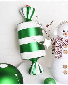 Detail of a 40cm green and white striped candy hanging ornament for Christmas decor