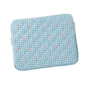 Blue plaid iPad sleeve with pink bow patterns and soft quilted protective padding
