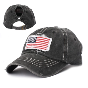 Washed cotton baseball cap with American flag patch and high ponytail hole design