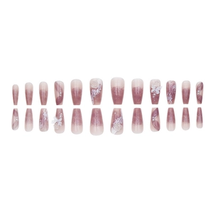 Long trapezoid purple cat-eye press-on nails with 3D butterflies and floral accents