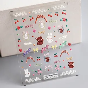 5D Geprägte Nagelkunst Aufkleber Süße Cartoon Bär Hase Selbstklebend Relief Maniküre Aufkleber DIY Dekoration