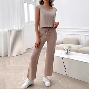 Casual camel knitted two-piece set with sleeveless crop top and high-waisted wide-leg pants