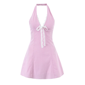 Striped Halter Mini Dress Lace Trim Deep V Neck Sleeveless Backless Sweet Summer Sundress For Women Polyester