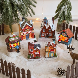 Miniature Christmas Village House Resin LED Light Up Glowing Snow Covered Building Desktop Ornament Holiday Festive Decor