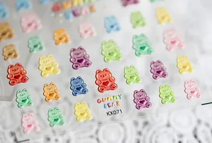 Macro shot of 3D gummy bear nail stickers with heart detail and embossed texture KX071