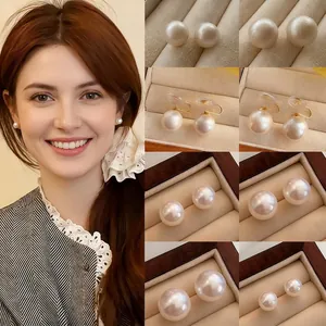 Round Artificial Pearl Stud Earrings For Women Copper Jewelry With Silver Earring Post Elegant Minimalist Versatile Glossy Accessory