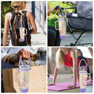 Outdoor and fitness scenes showing daisy cotton rope strap and clover tassel on a bottle
