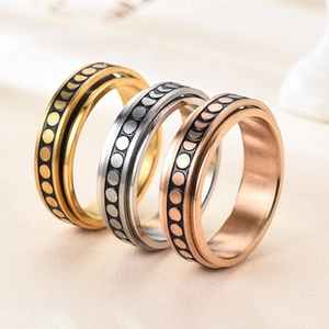 Detailed view of moon phase rotating rings in gold, silver, and rose gold finishes