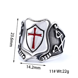 Detailed view of vintage silver shield ring with red cross inlay and 23.6mm height