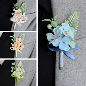 Handmade silk hydrangea boutonniere set with pearls and ribbons for wedding suits