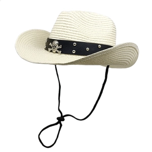 Western straw cowboy hat in cream with skull leather band and adjustable chin strap